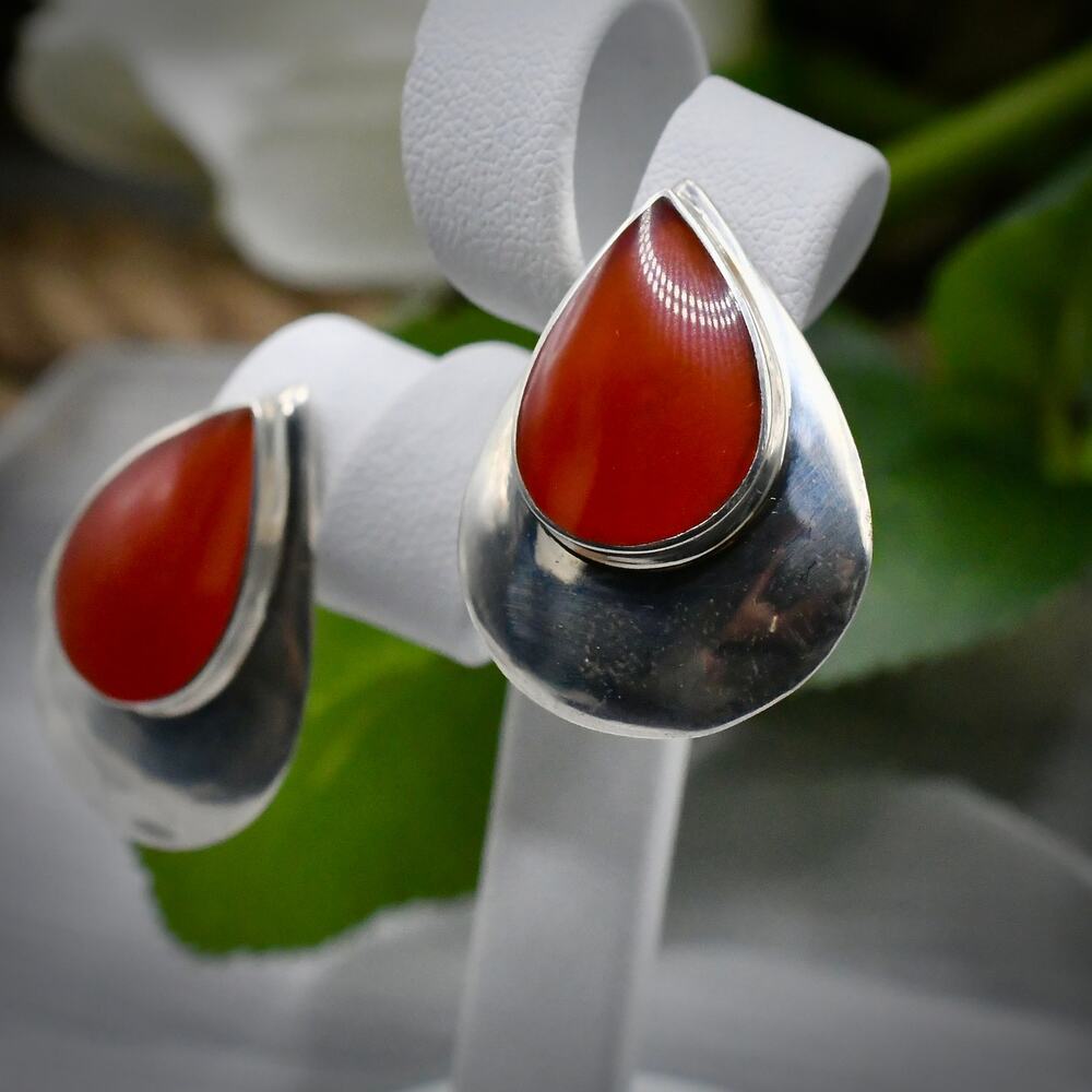 Vintage 925 Carnelian And Silver Large Clip on Earrings